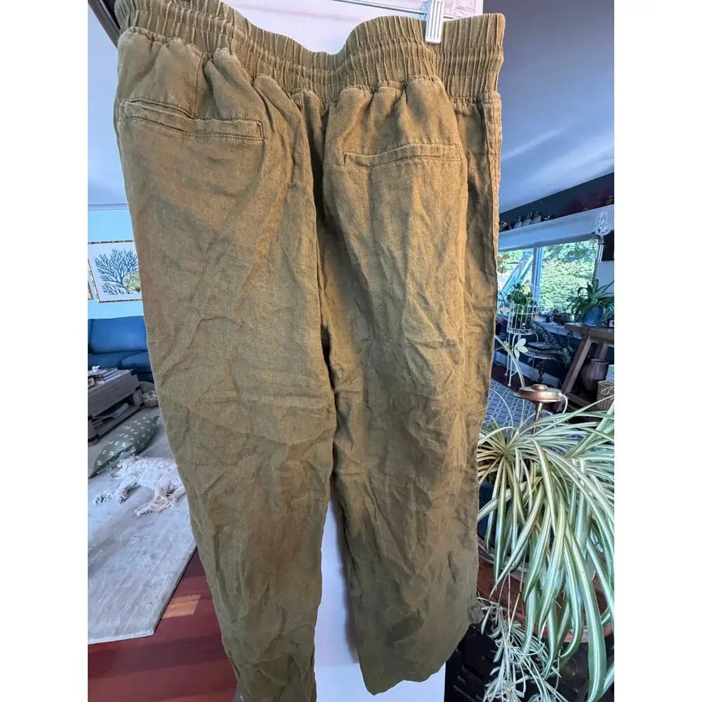 Quince 100% European Linen Wide Leg Pants Olive Green Drawstring Large Coastal